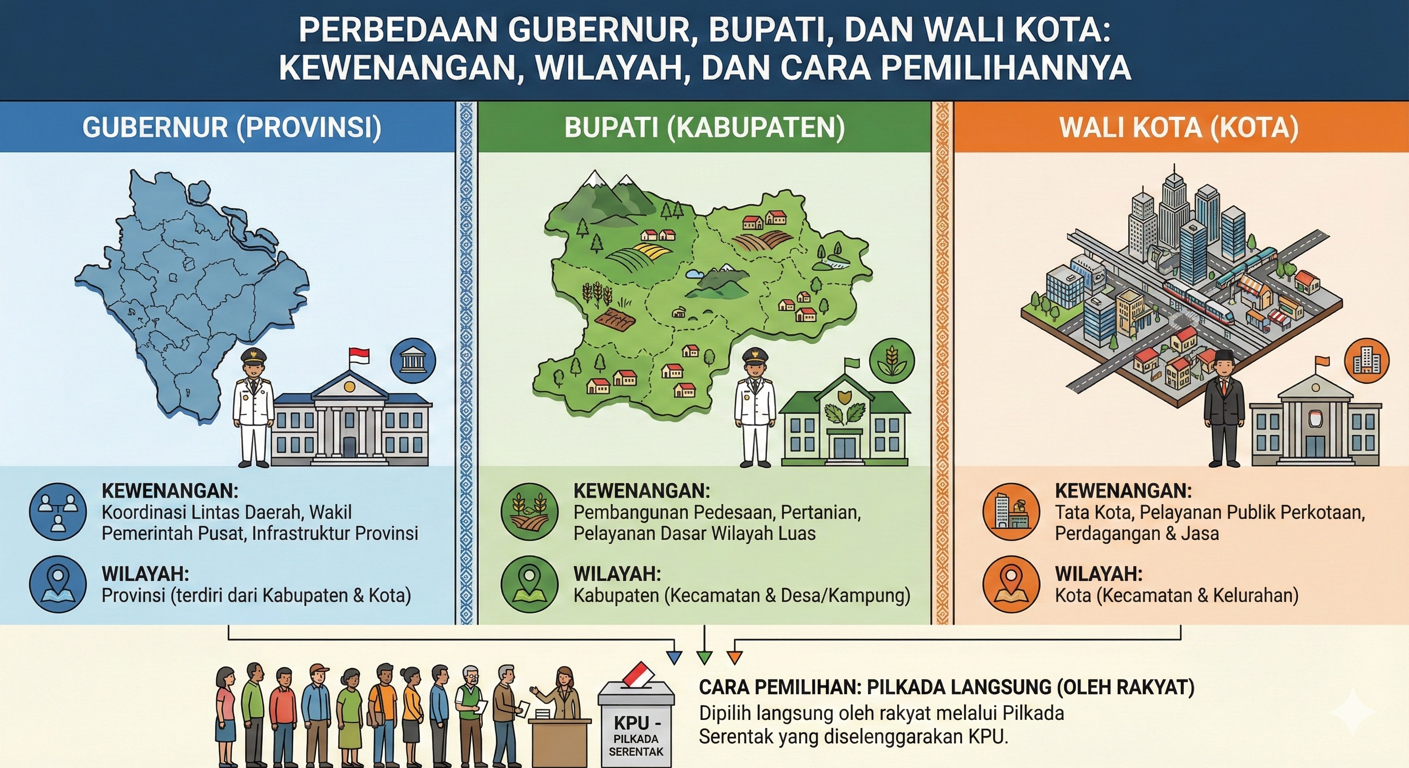 Perbedaan Gubernur, Bupati, dan Wali Kota